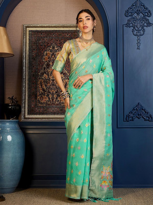 Vichitra Woven, Self Design Banarasi Cotton Blend, Jacquard Saree(Blue)
