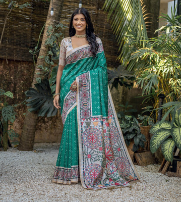 Tasrika Printed Madhubani Tussar Silk Saree(Green)