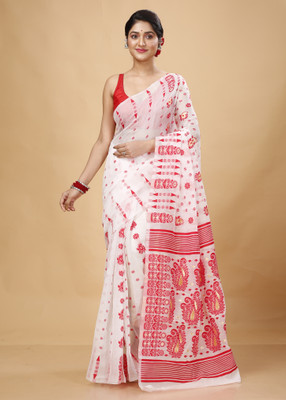 Happy Creation Printed Jamdani Handloom Cotton Blend Saree(Multicolor)