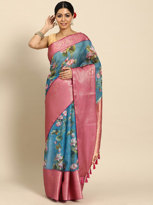 SILK ZONE Digital Print Banarasi Silk Blend Saree(Light Blue)