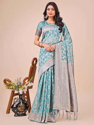 Divastri Self Design Kanjivaram Cotton Linen Saree(Blue)