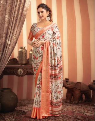 Satrani Floral Print, Self Design, Woven Daily Wear Cotton Blend Saree(Cream, Pink)