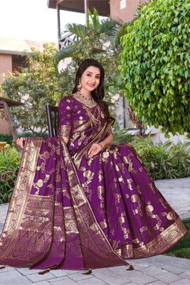 RIVETSTYLE Woven Bollywood Silk Blend, Jacquard Saree(Purple, Gold)