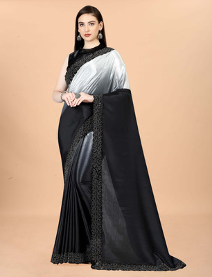 ELEGENCE FAB Solid/Plain Bollywood Silk Blend Saree(Black, White)