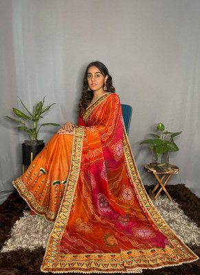 SDGRATITUDE Printed Bandhani Chiffon Saree(Orange, Yellow)