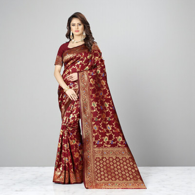 SAREEFLAME Woven Banarasi Art Silk, Cotton Silk Saree(Maroon)