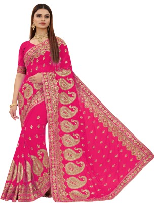 b bella creation Self Design, Embroidered Bollywood Georgette Saree(Pink, Gold)