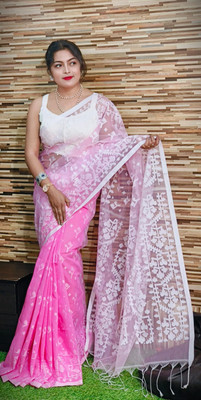 ADbutiq Woven Jamdani Cotton Linen, Pure Cotton Saree(Pink)