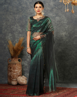 SIRIL Embroidered, Solid/Plain Bollywood Net Saree(Dark Green)