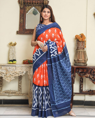 Elbwear Printed Ikkat Pure Cotton Saree(Blue, Orange)