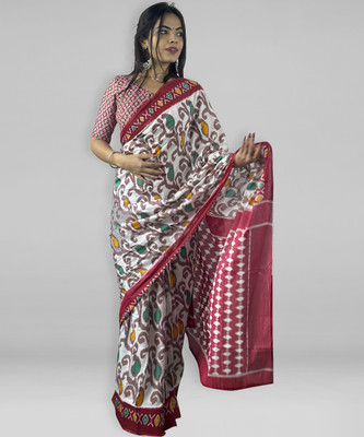 Divastri Printed Daily Wear Cotton Blend Saree(White)