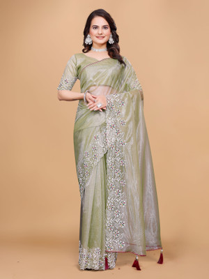 NAKSHCRETION Embroidered Bollywood Organza Saree(Green)