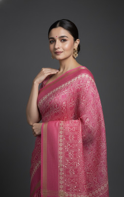 Sonika Fashions Printed Kalamkari Cotton Silk Saree(Pink)