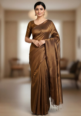 Sutayan Solid/Plain Handloom Tissue Saree(Gold)