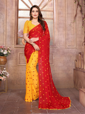 Moda Rapido Printed, Self Design, Polka Print Daily Wear Georgette Saree(Red, Yellow)