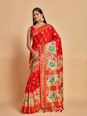 MIMOSA Woven Kanjivaram Art Silk Saree(Red)