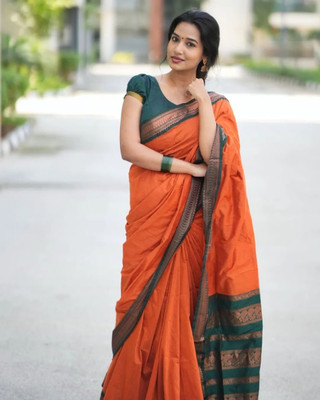 NIRLABH Striped Banarasi Pure Silk Saree(Orange)