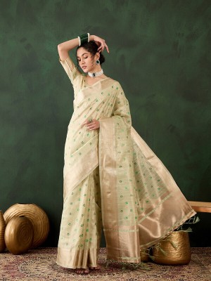 Amouk Applique, Printed Assam Silk Pure Silk Saree(Green)