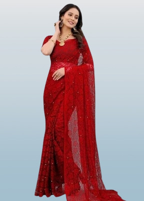 Fashion Field Solid/Plain Bollywood Net Saree(Red)
