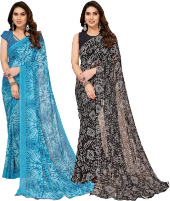 kashvi sarees Printed Daily Wear Georgette Saree(Pack of 2, Blue, Black)