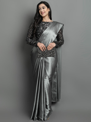 VILLAGIUS Solid/Plain Bollywood Silk Blend, Satin Saree(Grey)
