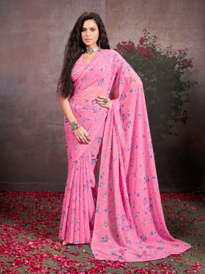 GARDEN VARELI Floral Print Bollywood Georgette Saree(Pink)