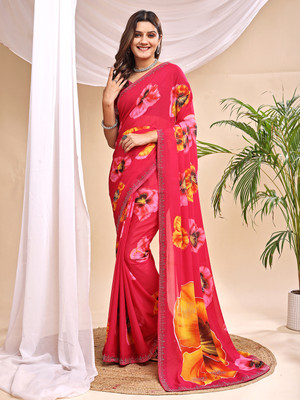 VIBHAGYAA Printed, Embellished, Embroidered Daily Wear Chiffon Saree(Red)