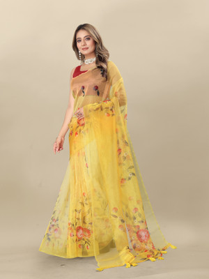 VERCO Digital Print Bollywood Organza Saree(Yellow)