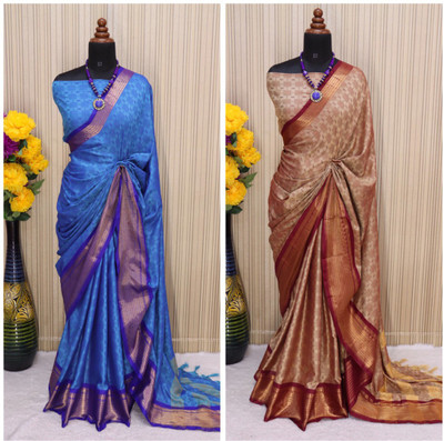 VRINDITA FASHION Woven Mysore Jacquard, Cotton Silk Saree(Pack of 2, Beige, Blue)