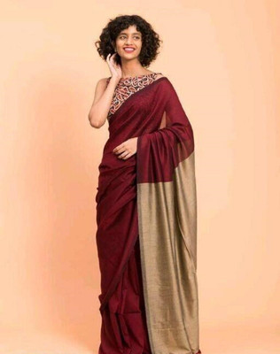LushLooms Solid/Plain Handloom Cotton Blend Saree(Multicolor)