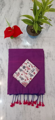 SMRITI BOUTIQUE Solid/Plain, Printed Kalamkari Handloom Pure Cotton Saree(Purple, White)