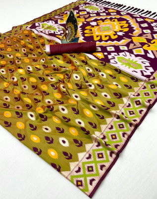 Sindharat Fashion Printed Ikkat Cotton Silk Saree(Mustard)