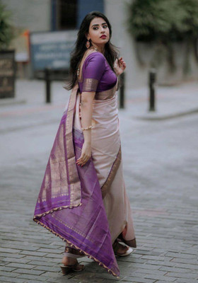parthfabric Woven Banarasi Art Silk, Jacquard Saree(Magenta, Beige)