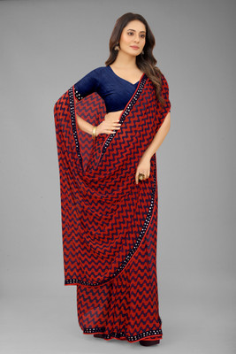 LIMTD Self Design, Applique Bollywood Georgette, Chiffon Saree(Red, Blue)