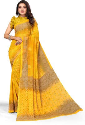 Madhur milan Printed, Geometric Print Bandhani Georgette Saree(Yellow)