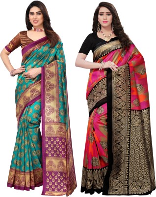 SIRIL Printed, Geometric Print, Floral Print Dharmavaram Cotton Silk, Silk Blend Saree(Pack of 2, Multicolor)