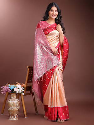 Tasrika Self Design Banarasi Cotton Silk Saree(Beige)