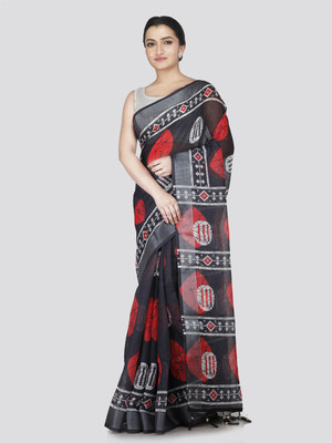 PinkLoom Printed Handloom Linen Saree(Black)