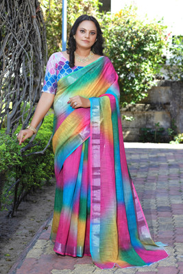 HIYAMI Printed Bollywood Cotton Linen Saree(Multicolor)