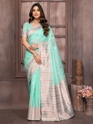 Janasya Woven Kanjivaram Cotton Blend Saree(Light Blue)