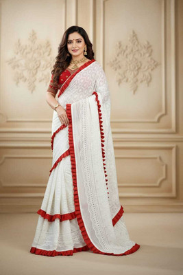 BBSaree Embellished Lucknow Chikankari Cotton Blend Saree(White, Red)