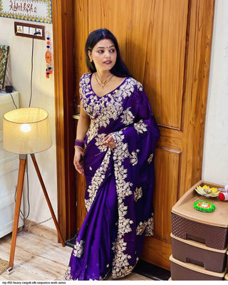 Brahmani Creation Embroidered Kanjivaram Silk Blend Saree(Purple)