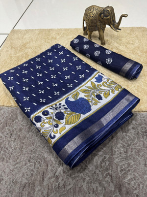 Chandan Fabrics Printed Kalamkari Mulmul Saree(Dark Blue)