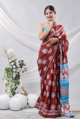 Om Traders Printed Saree with Attached Blouse Cotton Silk Saree(Brown)