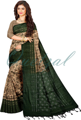 Quetzal Printed Sambalpuri Pure Cotton Saree(Beige, Green)