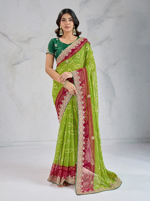 sareya veela Printed Bandhani Georgette Saree(Light Green, Red)