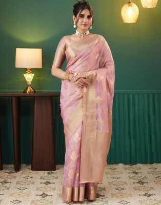 Satrani Woven Banarasi Tissue, Silk Blend Saree(Pink)