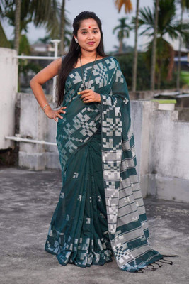 GOLU Self Design Handloom Pure Cotton Saree(Dark Green)