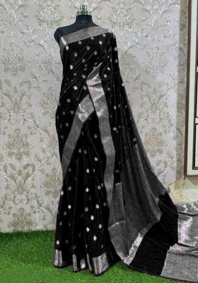 Sundaramtextile Printed Banarasi Handloom Satin Saree(Black)