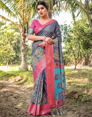Satrani Printed, Woven, Embellished Kalamkari Tussar Silk Saree(Grey, Blue)